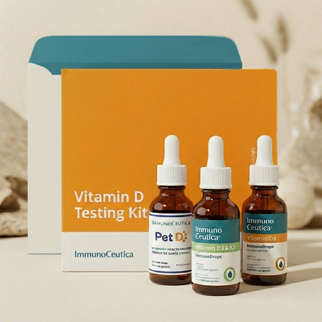 Three bottles of ImmunoCeutica products in front of a Vitamin D Testing Kit box.