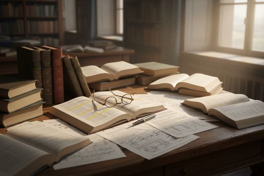 Open books and research papers on a desk, reflecting decades of study behind the term immunoceutical