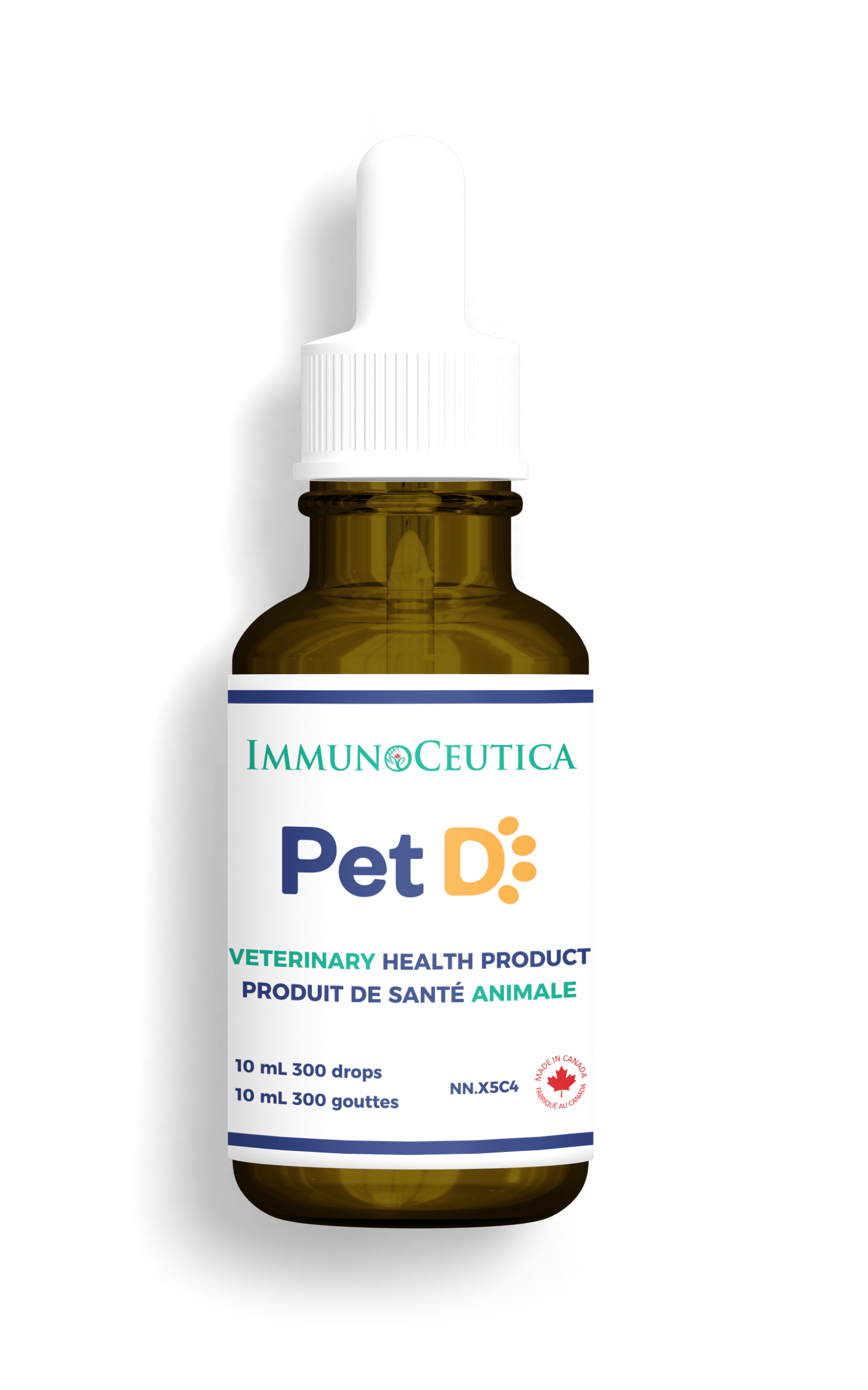 Pet health product bottle with label on a white background