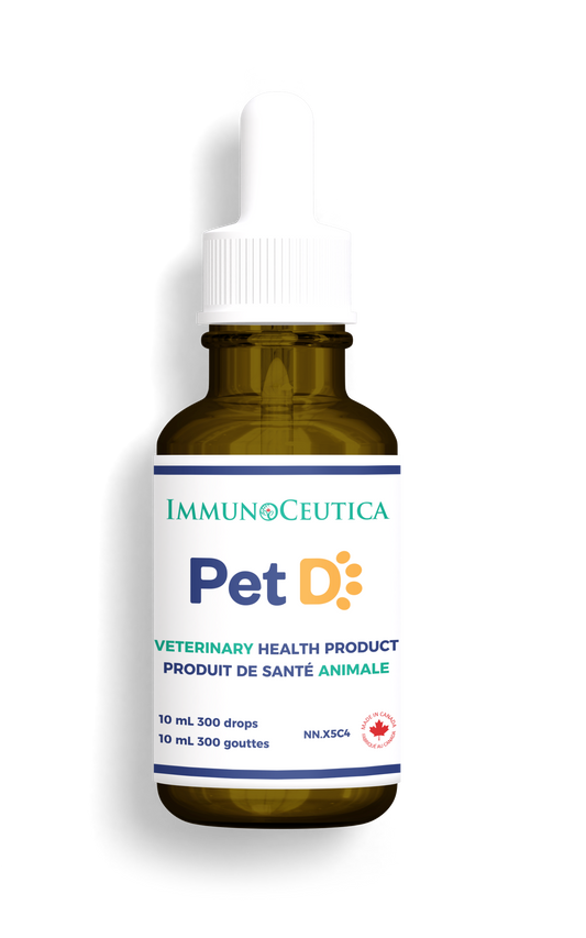 Pet health product bottle with label on a white background